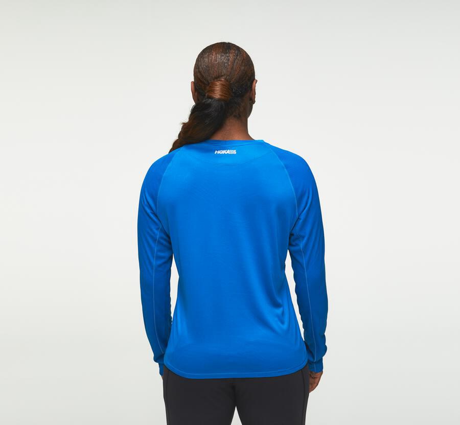 Top Hoka One One Mujer - Performance Largos Sleeve - Azules - AMH259604